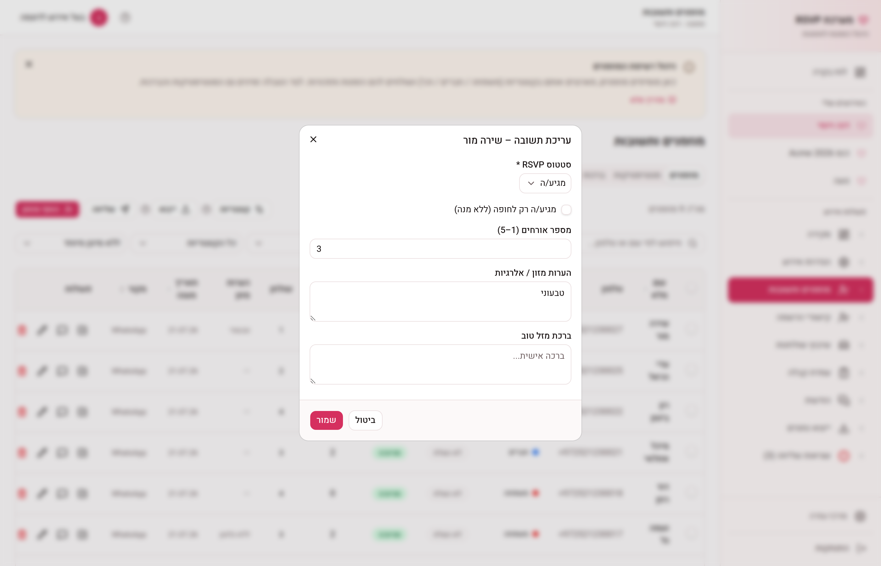 חלון «עריכת תשובה» עם בחירת סטטוס, כמות אורחים, הערות מזון וברכה.