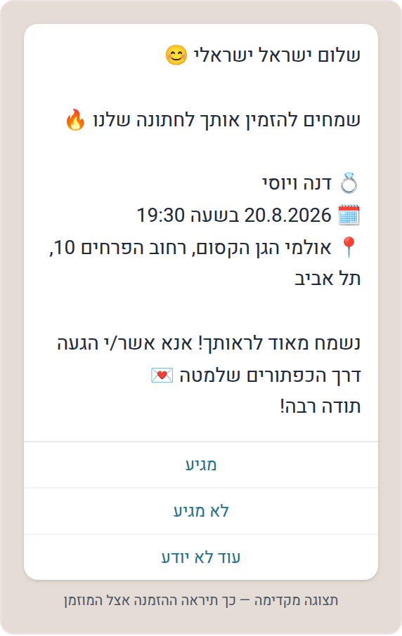 תצוגה מקדימה של ההודעה בסגנון וואטסאפ, עם תמונה, טקסט מולא, וכפתורי תשובה.